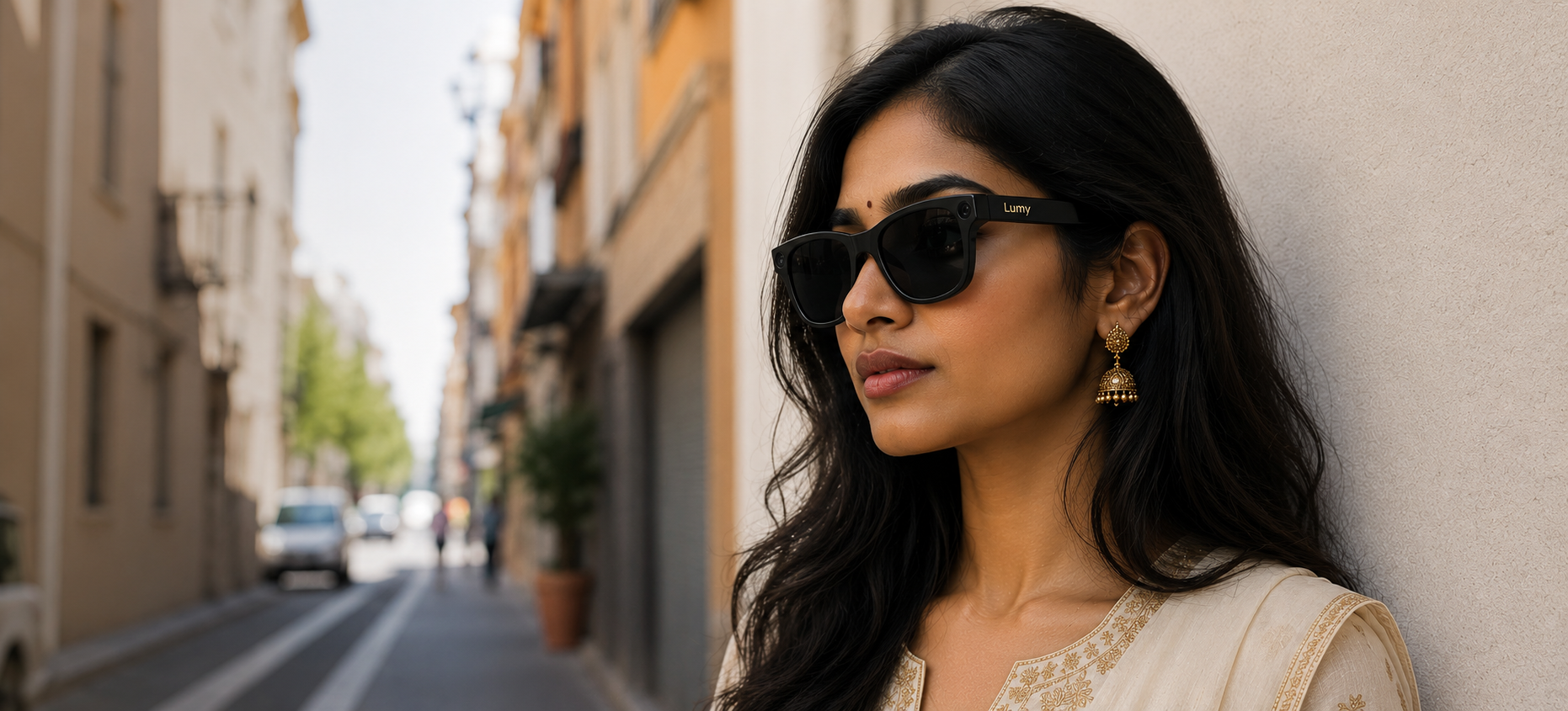 Woman wearing black Lumy glasses on a sunlit street
